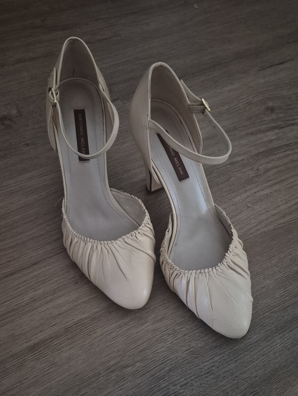 ANTONIO MELANI Ruched Pointed-Toe Ankle-Strap Heels in Cream